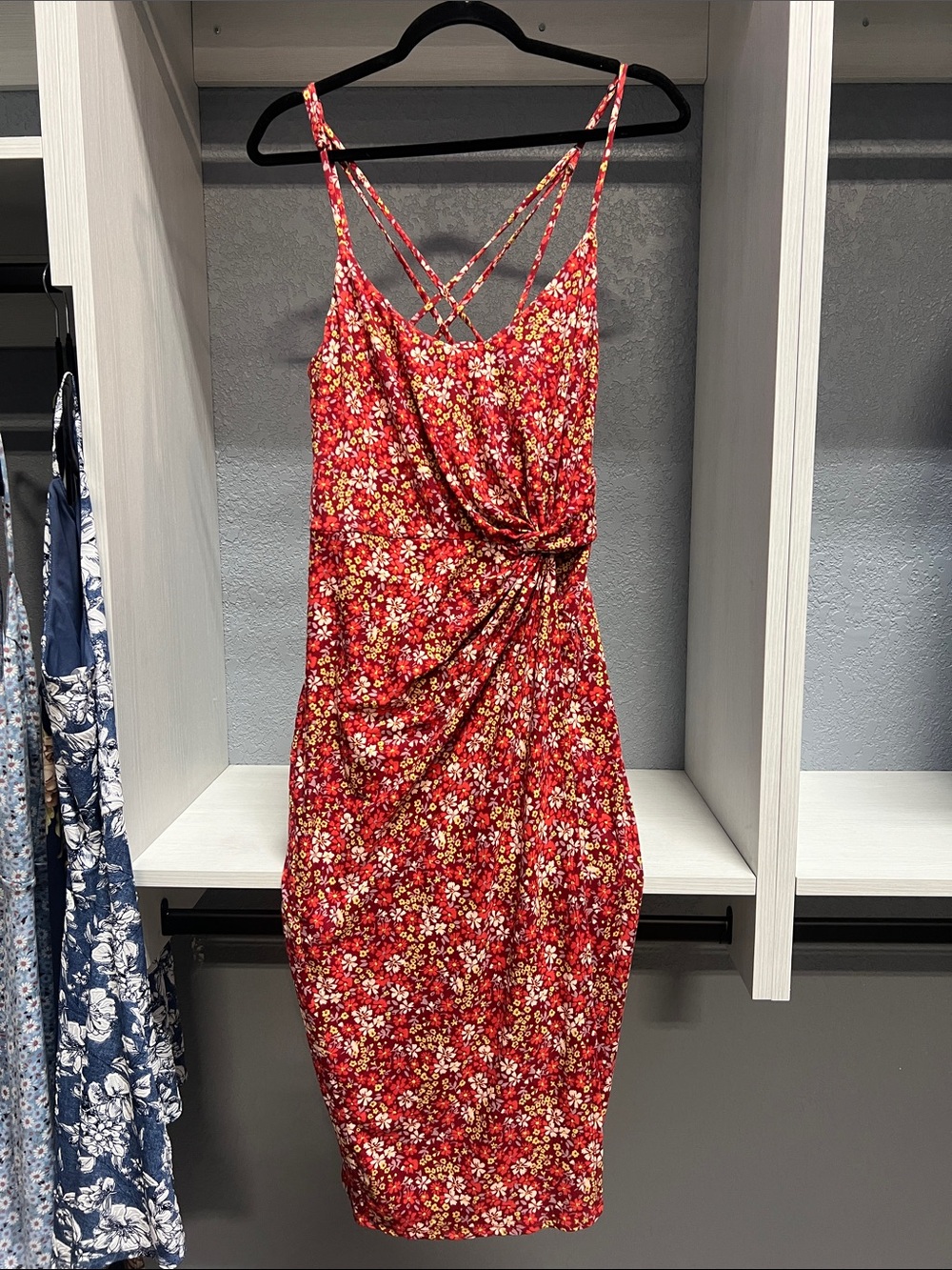 nine britton Red Floral Midi Dress with Twist Front